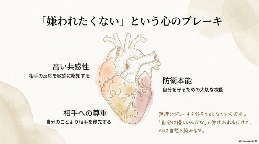 高い共感性や相手への尊重が「嫌われたくない」というブレーキになる説明