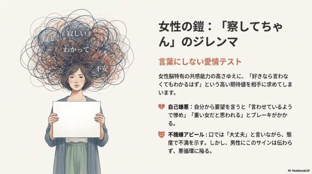 「寂しい」「わかって」「不安」という言葉が糸のように絡み合っている女性の脳内イメージイラスト。