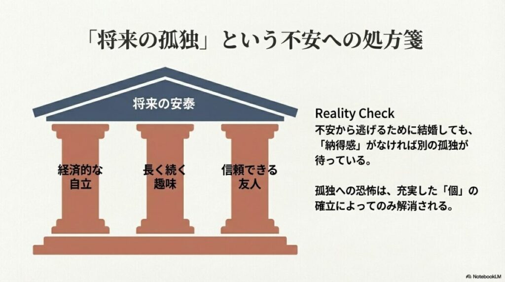 経済的な自立、長く続く趣味、信頼できる友人という3つの柱が「将来の安泰」を支える神殿のようなイラスト。
