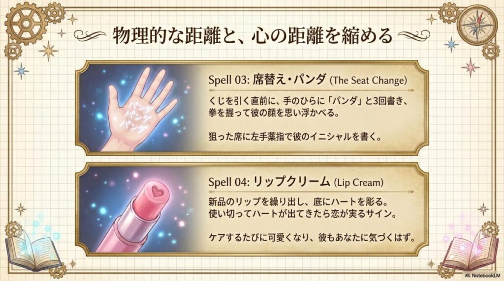 手のひらにパンダと書いて席替えを成功させる方法と、使い切ると恋が叶うハートのリップクリームの作り方。