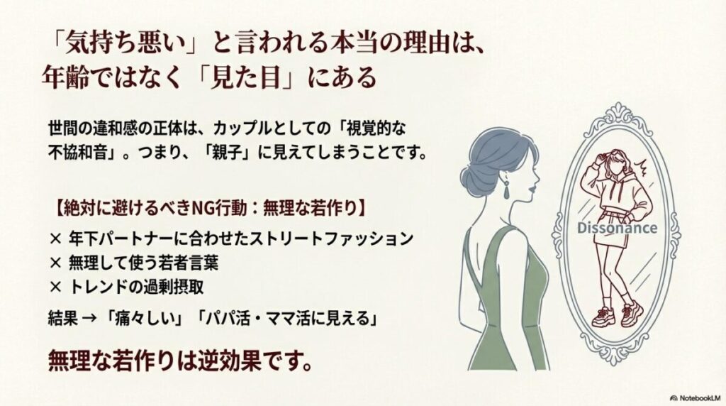 無理な若作りによって視覚的な不協和音が生じているNGファッションのイラスト