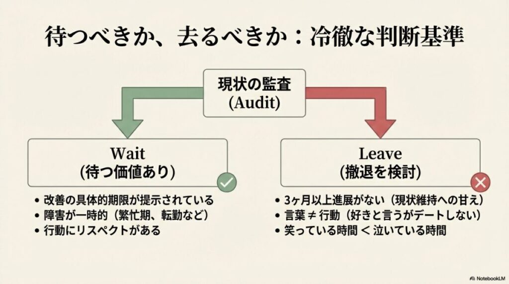 改善の期限や一時的な障害なら「待つ」、3ヶ月以上の停滞や言行不一致なら「撤退」を検討する監査スライド。