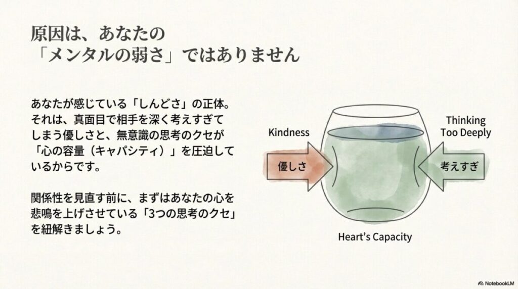 優しさと考えすぎが心の容量（キャパシティ）を圧迫しているイメージ図