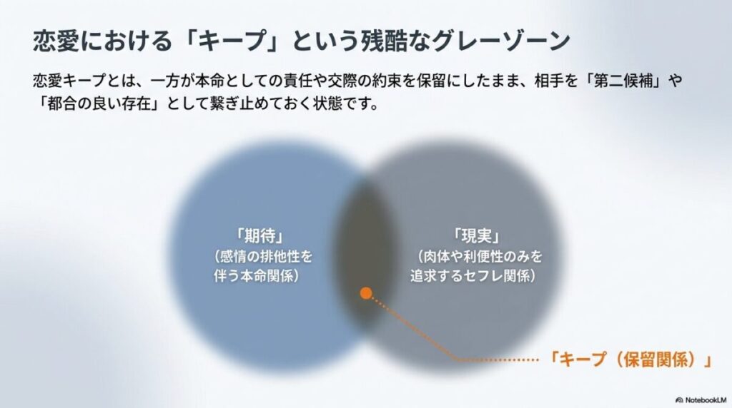 恋愛における「キープ」という残酷なグレーゾーン。感情の排他性を伴う「本命関係(期待)」と、肉体や利便性のみを追求する「セフレ関係(現実)」の間に位置する「キープ(保留関係)」の概念図。