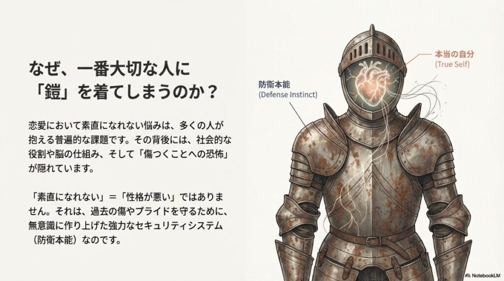 鉄の鎧（防衛本能）の内側で光る心臓（本当の自分）。傷つくことを恐れて心を閉ざす心理メカニズムの図解。