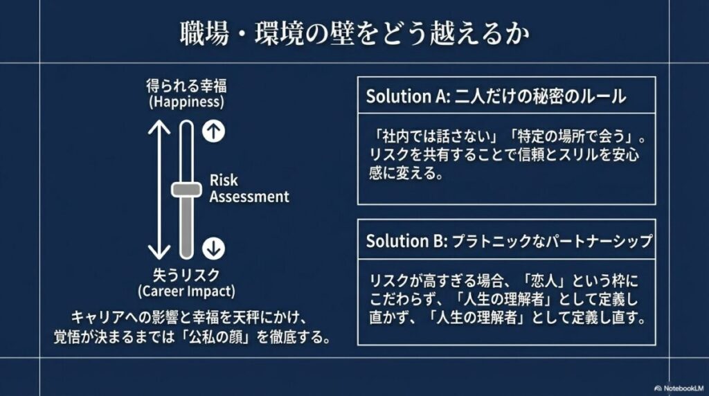 二人だけの秘密のルールの共有や、プラトニックなパートナーシップへの再定義など、環境に応じた解決策を示すスライド。