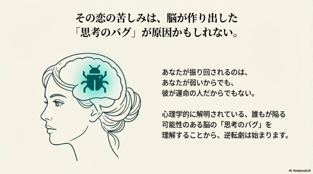 女性の横顔のシルエットと脳内に描かれたバグのイラスト。恋愛の苦しみが相手ではなく脳の仕組みにあることを示唆。
