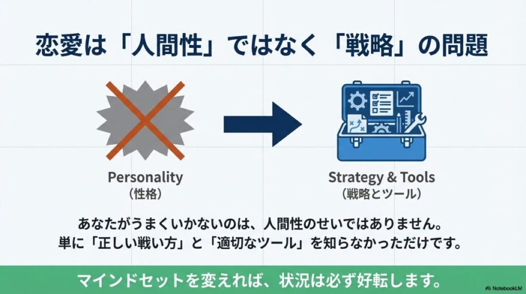 人間性（性格）を否定する図と、戦略やツールが入った工具箱のイラスト。「正しい戦い方」を知ることが重要であることを示す図解