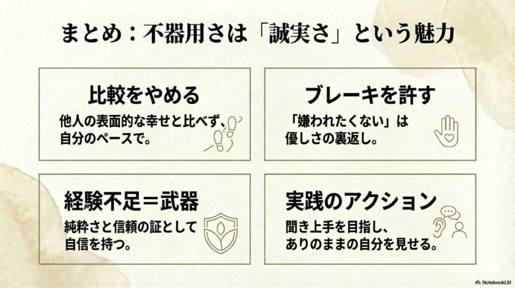 比較をやめ経験を武器にし、ありのままを見せる実践アクションの要約