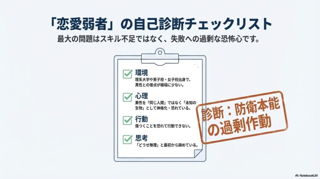 異性との接点が少ない環境、未知の生物として恐れる心理、防衛本能による行動停止、諦めの思考など、恋愛弱者の特徴をまとめたチェックリスト