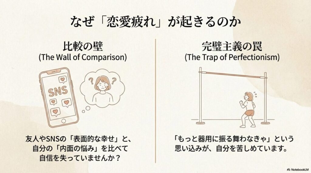 比較の壁と完璧主義の罠が恋愛疲れを引き起こす解説図