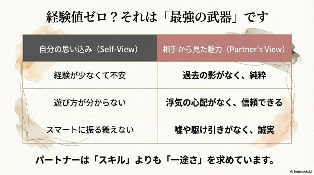 経験不足を純粋さや誠実さという魅力として捉える比較表
