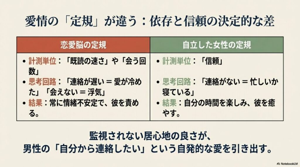 既読の速さや会う回数で愛を測る恋愛脳と、信頼をベースに自分の時間を楽しむ自立した女性の思考回路を比較した表。