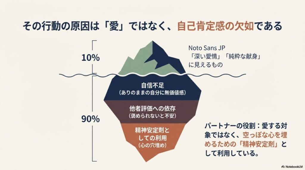表面上の「深い愛情」の下に、90%の「自信不足」や「他者評価への依存」が隠れていることを示す氷山の図解。