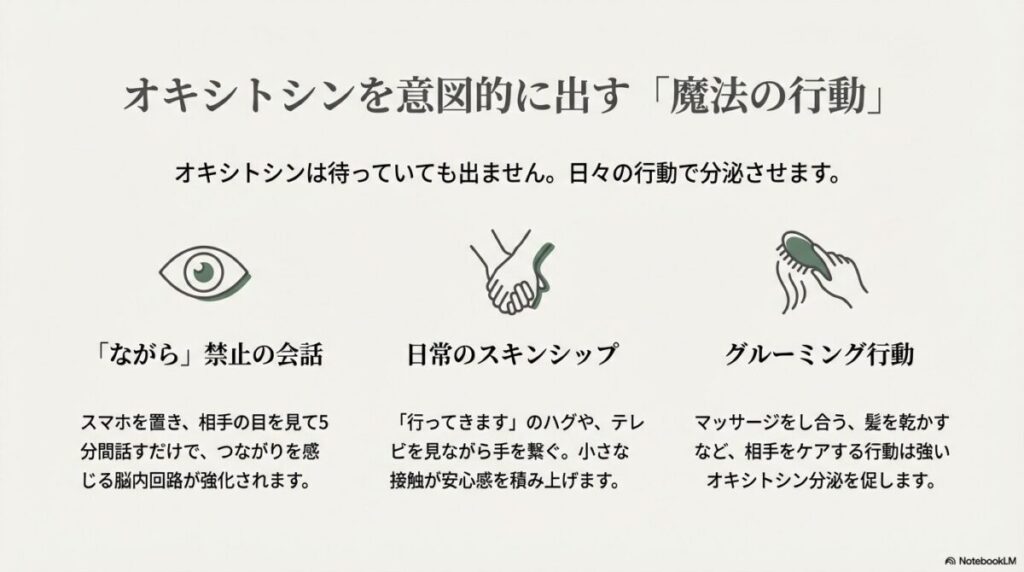 オキシトシンを分泌させるための具体的な行動リスト（会話、スキンシップ、グルーミング）