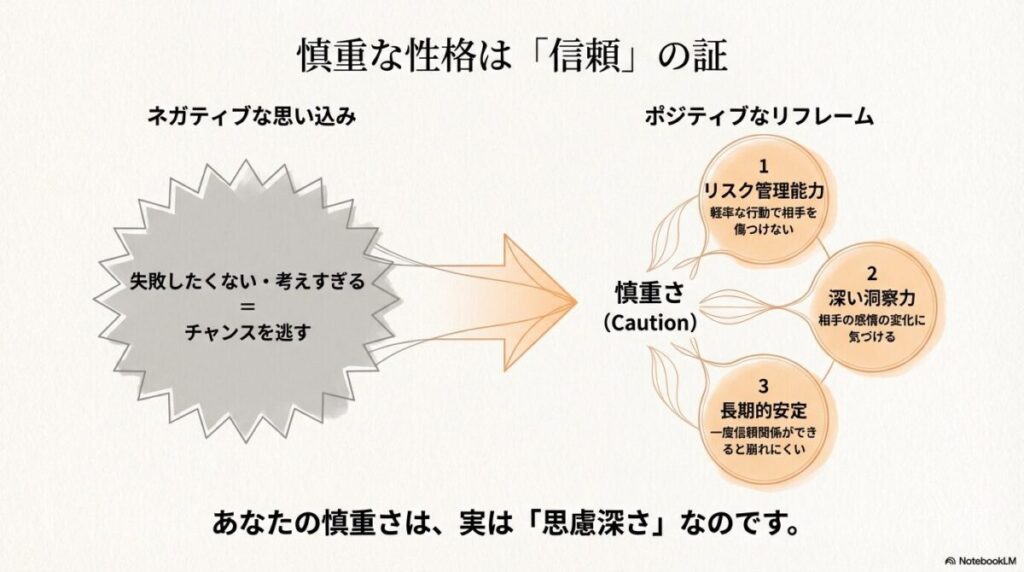 慎重な性格をリスク管理能力や深い洞察力へとポジティブに捉え直す図