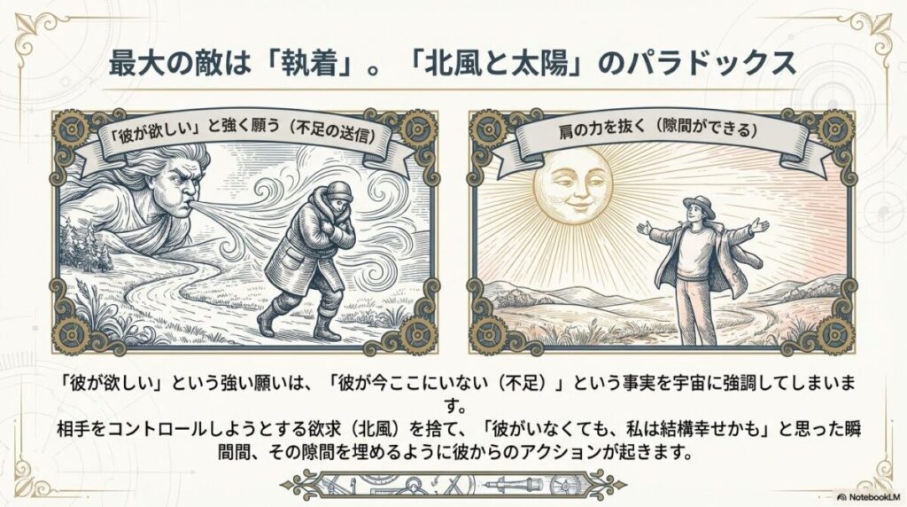 執着することを北風、手放すことを太陽に例えた恋愛のパラドックスの図