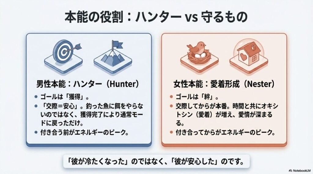 男性の「獲得＝安心（通常モード）」と、女性の「交際後＝本番（愛情深化）」という本能的なゴールの違い