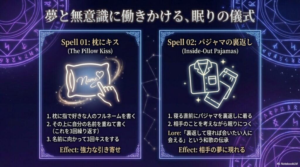 好きな人の名前を枕に書いてキスをする「枕にキス」と、相手の夢に出るための「パジャマの裏返し」のおまじないのやり方解説。
