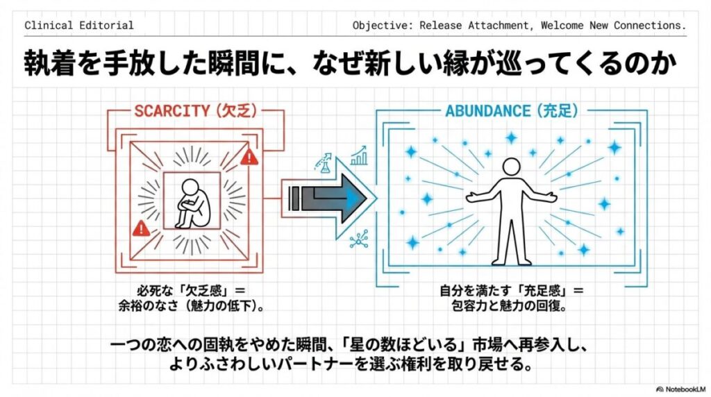 縮こまった姿（欠乏感）から、光を放ち堂々と立つ姿（充足感）へと変化する図解。執着を手放すことで魅力が回復する仕組み。
