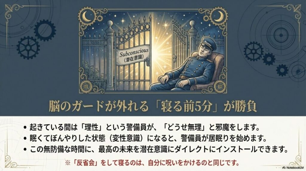 寝る前に顕在意識のガードが外れて潜在意識にアクセスしやすくなるイメージ図