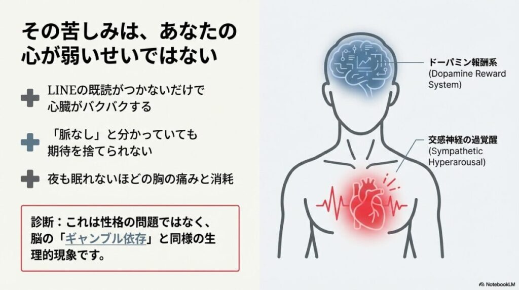 片思いの苦しみが性格のせいではなく、ドーパミン報酬系や交感神経の過覚醒といった生理的現象であることを示す図解