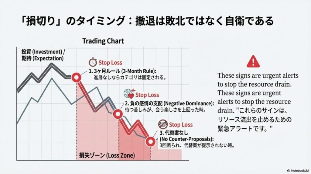 投資と期待のチャートを用いた撤退基準（3ヶ月ルール、負の感情の支配、代替案なし）の解説図
