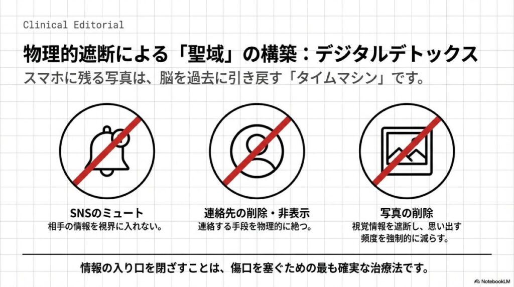 SNSのミュート、連絡先削除、写真の削除という3つの禁止マークが描かれたイラスト。情報の入り口を閉ざす「デジタルデトックス」の重要性を説く。