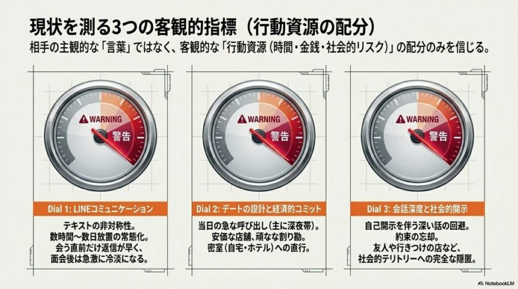 LINEの頻度、デートの設計、会話の深さという3つの客観的指標。