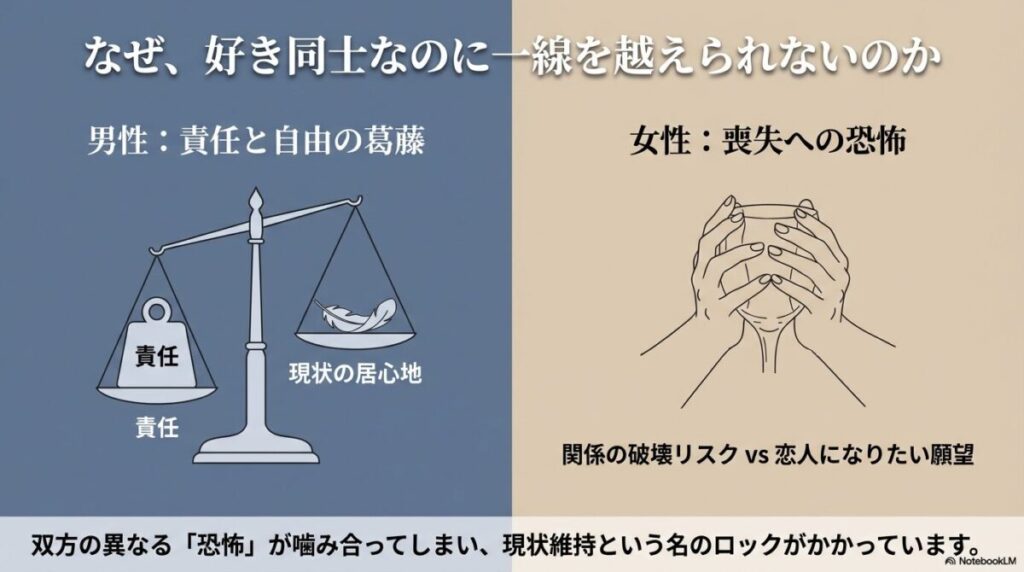 男性の「責任と自由の葛藤」と女性の「喪失への恐怖」が噛み合い、現状維持のロックがかかっている状態を示す天秤のイラストスライド。