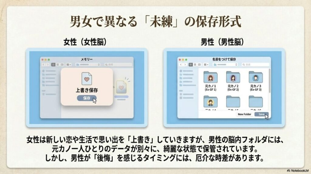 女性脳の「上書き保存」と男性脳の「名前をつけて保存」のフォルダイメージ比較
