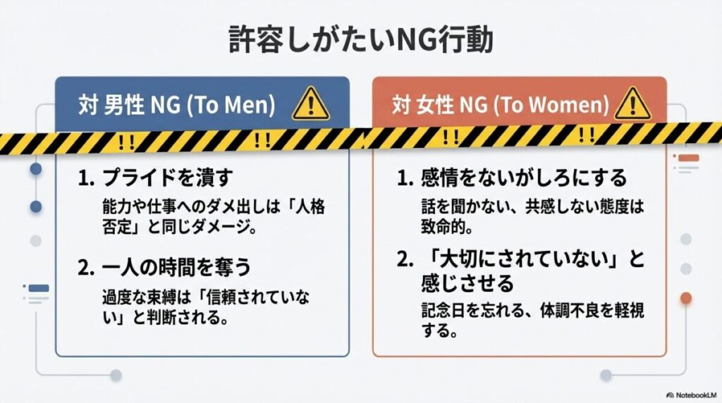 プライドを潰されることを嫌う男性と、感情をないがしろにされることを嫌う女性の地雷ポイントの解説