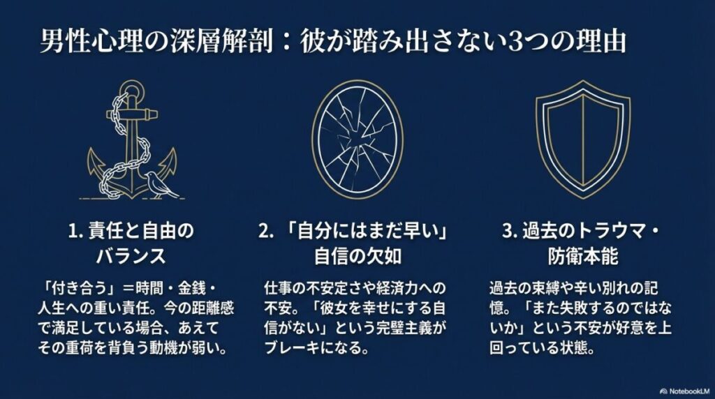 男性が踏み出さない理由として、責任と自由のバランス、自信の欠如、過去のトラウマの3点を解説するスライド。