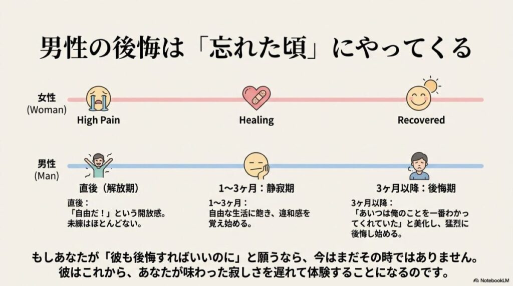 男女の感情曲線の違い。男性は3ヶ月以降に「後悔期」が来ることを示す図