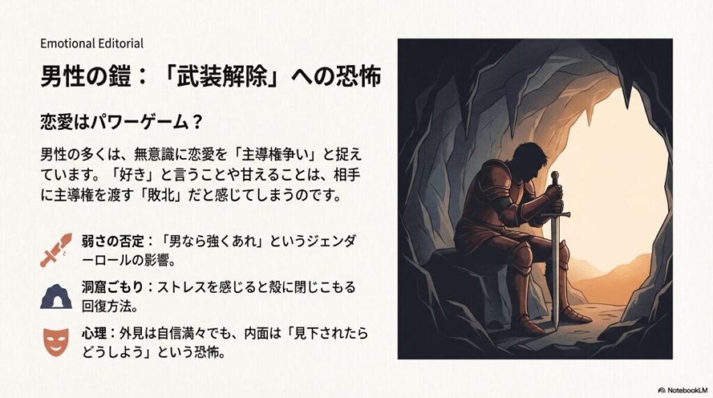 洞窟の中で一人膝を抱える騎士のイラスト。男性特有のストレス対処法と弱みを見せられない心理的葛藤。