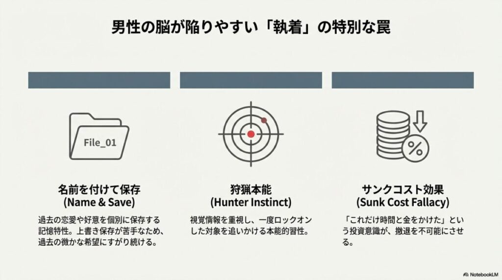 男性の「名前を付けて保存」する記憶特性、狩猟本能、サンクコスト効果の3つを解説したイラスト