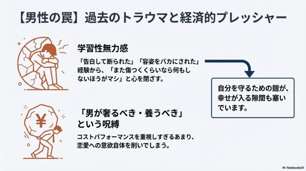 過去の傷つき体験から殻に閉じこもる男性と、「男が養うべき」という経済的な重圧（￥マークの岩）を背負って歩く男性のイラスト