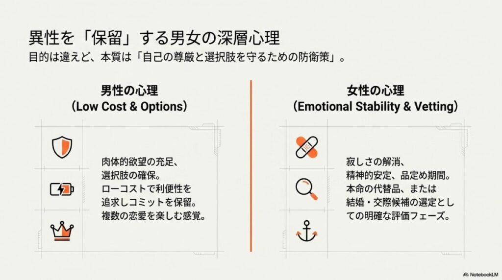 男性(利便性・選択肢)と女性(精神的安定・品定め)のキープ目的の比較。