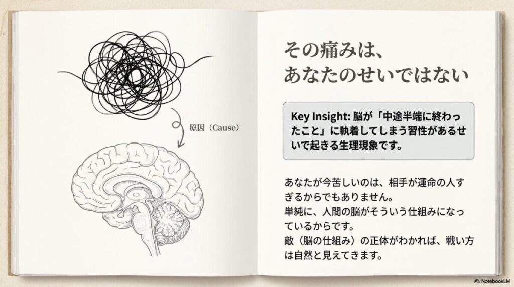 脳のイラストと「その痛みはあなたのせいではない」というメッセージの図解
