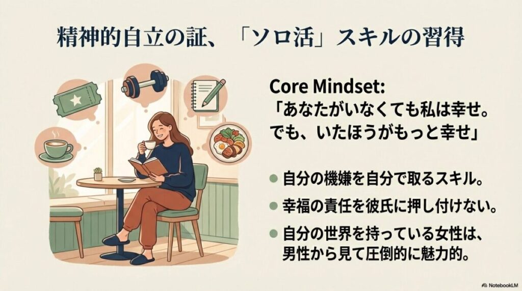 カフェでの読書や筋トレなど、一人で充実した時間を過ごしている女性のイラスト。「あなたがいなくても私は幸せ」というマインドセットの図解。