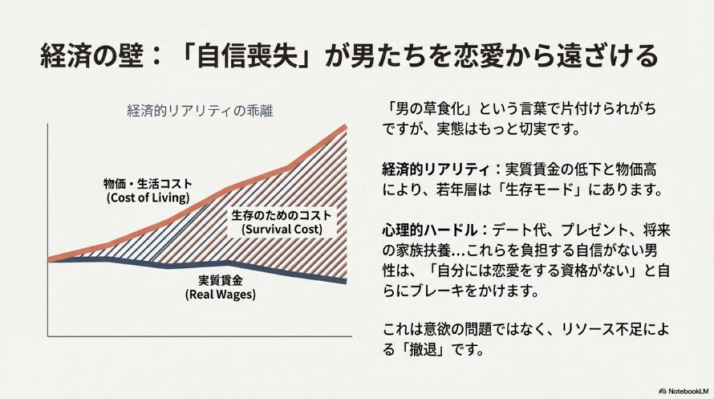 「物価・生活コスト」の壁と、下がっていく「実質賃金」のグラフイメージ