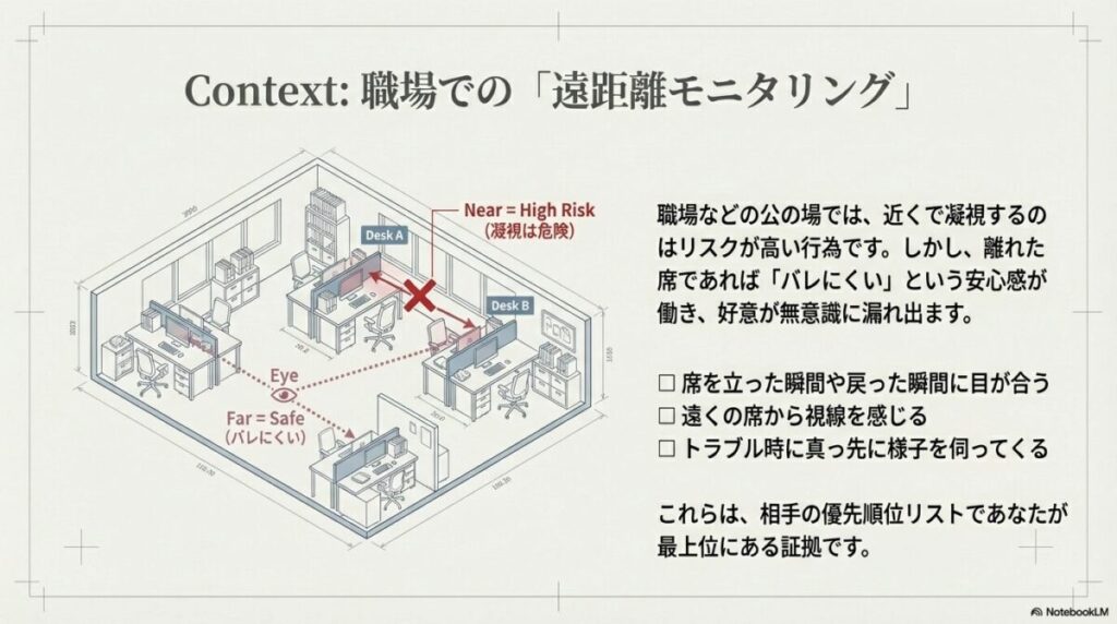 離れた席から視線を送ることで好意が漏れ出るオフィス内の視線動線図