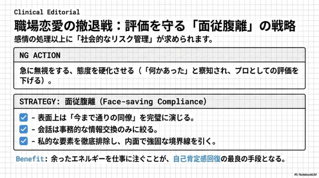 急な無視などのNGアクションと、表面上は完璧な同僚を演じつつ内面で境界線を引く「面従腹離」戦略のメリットを解説。