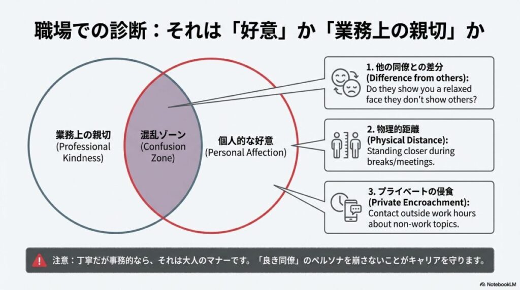 職場の人間関係における「混乱ゾーン」と「個人的な好意」を判別するための3つのポイント（同僚との差分、物理的距離、プライベートへの侵食）のベン図