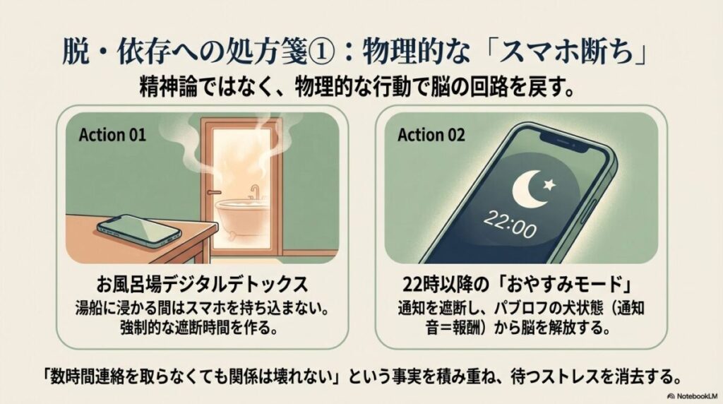 お風呂場への持ち込み禁止や22時以降のおやすみモード設定など、物理的な行動で脳の回路を戻すための具体的なアクションプラン。