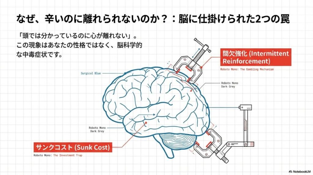 脳のイラストに万力のような器具がかけられており、執着が抜けない原因として「間欠強化」と「サンクコスト」の2点が示されている。