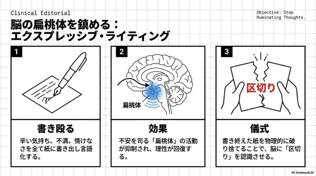 1.紙に書き殴る、2.扁桃体の抑制、3.紙を破り捨てる儀式、の3ステップを、ペンと脳のイラストを交えて説明。