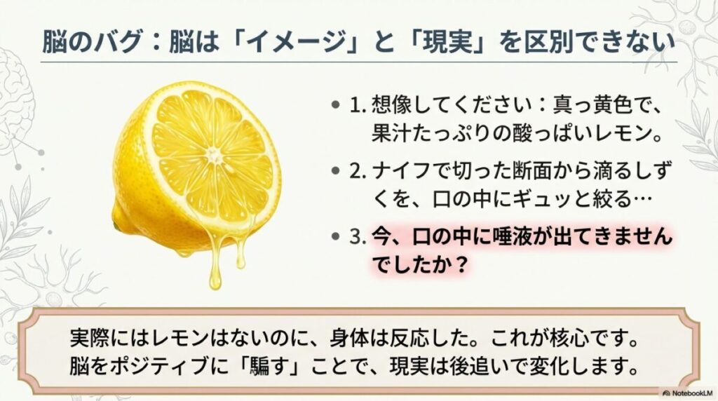 レモンを想像するだけで唾液が出る脳の錯覚メカニズムの解説図