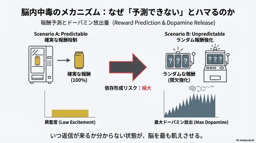 相手の反応が予測できない「ランダム報酬」が、脳を最も強く依存させるメカニズムを解説したグラフ