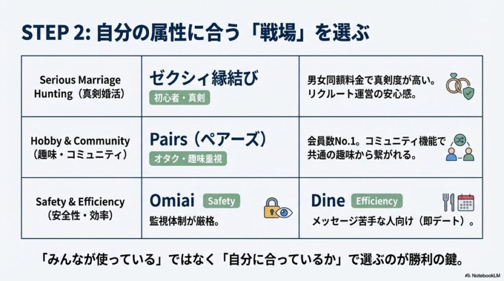 ゼクシィ縁結び、ペアーズ、Omiai、Dineなどのマッチングアプリを、真剣度、趣味重視、安全性、効率性などの軸で分類した比較マトリクス図